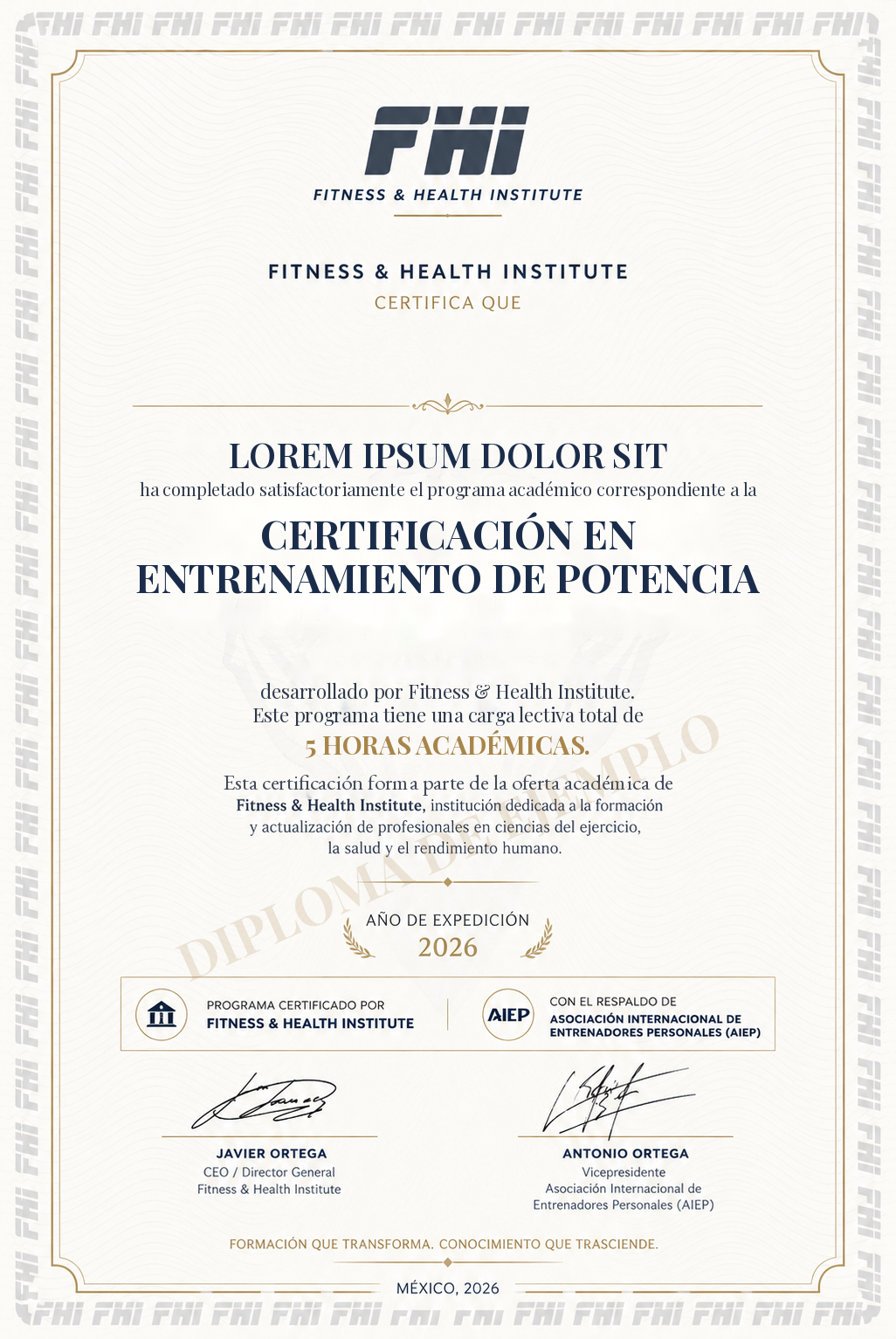 Ejemplo de diploma FHI de la Certificación en Entrenamiento de Potencia